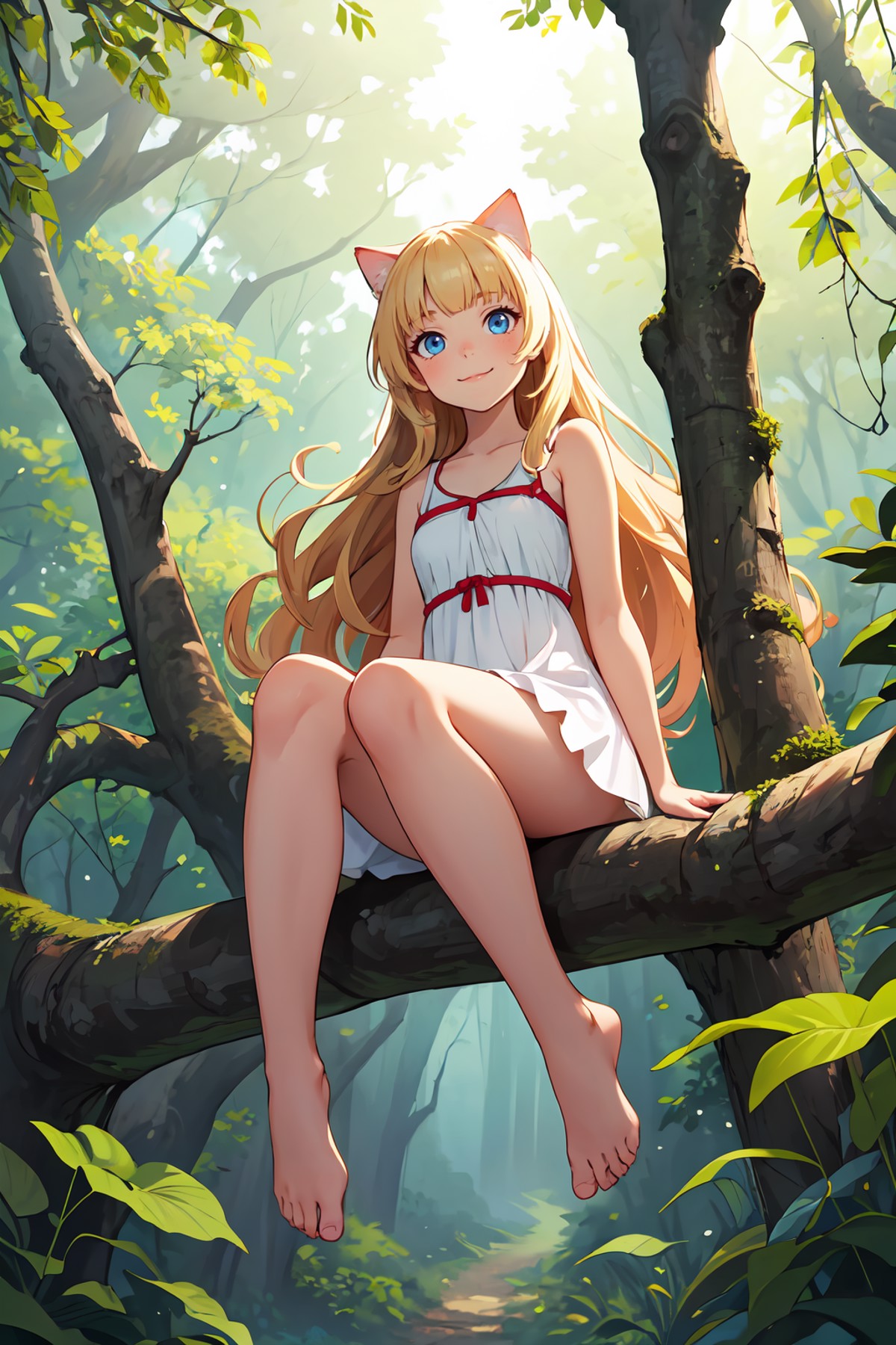 full body of cat girl sitting on branch in forest,best quality,highres,from below,cute,barefoot,white sundress,long hair,w...